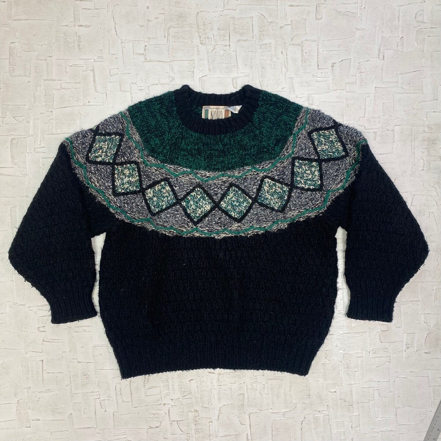 Vintage Novo Mohair Blend Black and Teal Knit Sweater | Vintage Sweater | Vintage Knit Sweater | Vintage Knit | Size L | SKU NPC-1217 |