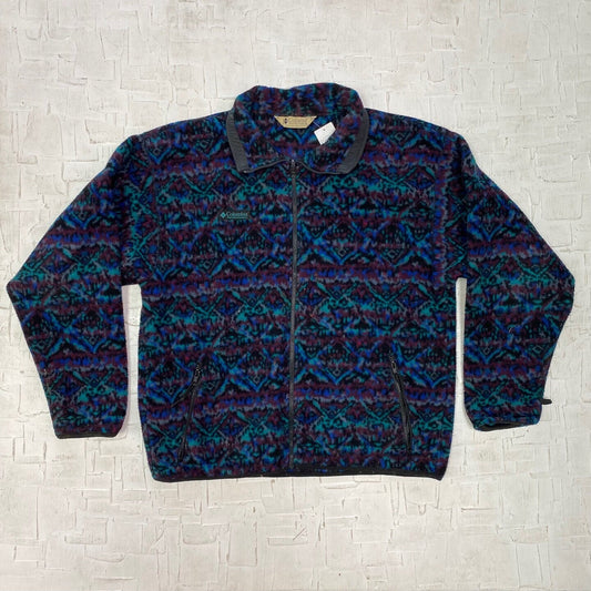 Vintage Multi-Coloured Geometric Print Columbia Fleece Sweater | Vintage Sweater | Colombia Sportswear | Blue | Size XL | SKU: NPC-1222