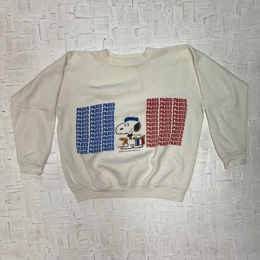 Vintage Children's White Snoopy "Paris Paris Paris" Sweatshirt | Vintage Pullover Sweatshirt | Dog | Beret | Size M for Kids | SKU: NPC-1233