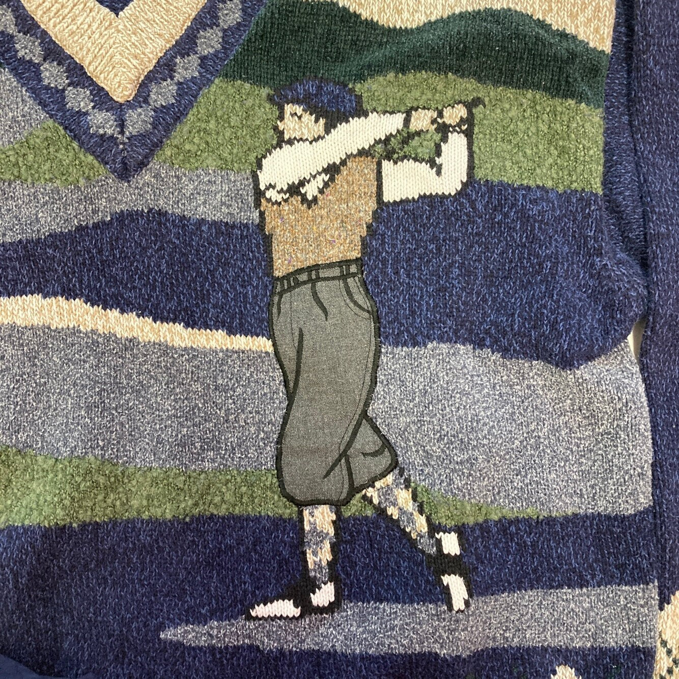 Vintage Knit Blue and Green Cotton Traders Golfer Sweater | Vintage V-Neck Sweater | Argyle Pattern | Men's Size XL | SKU: NPC-1235