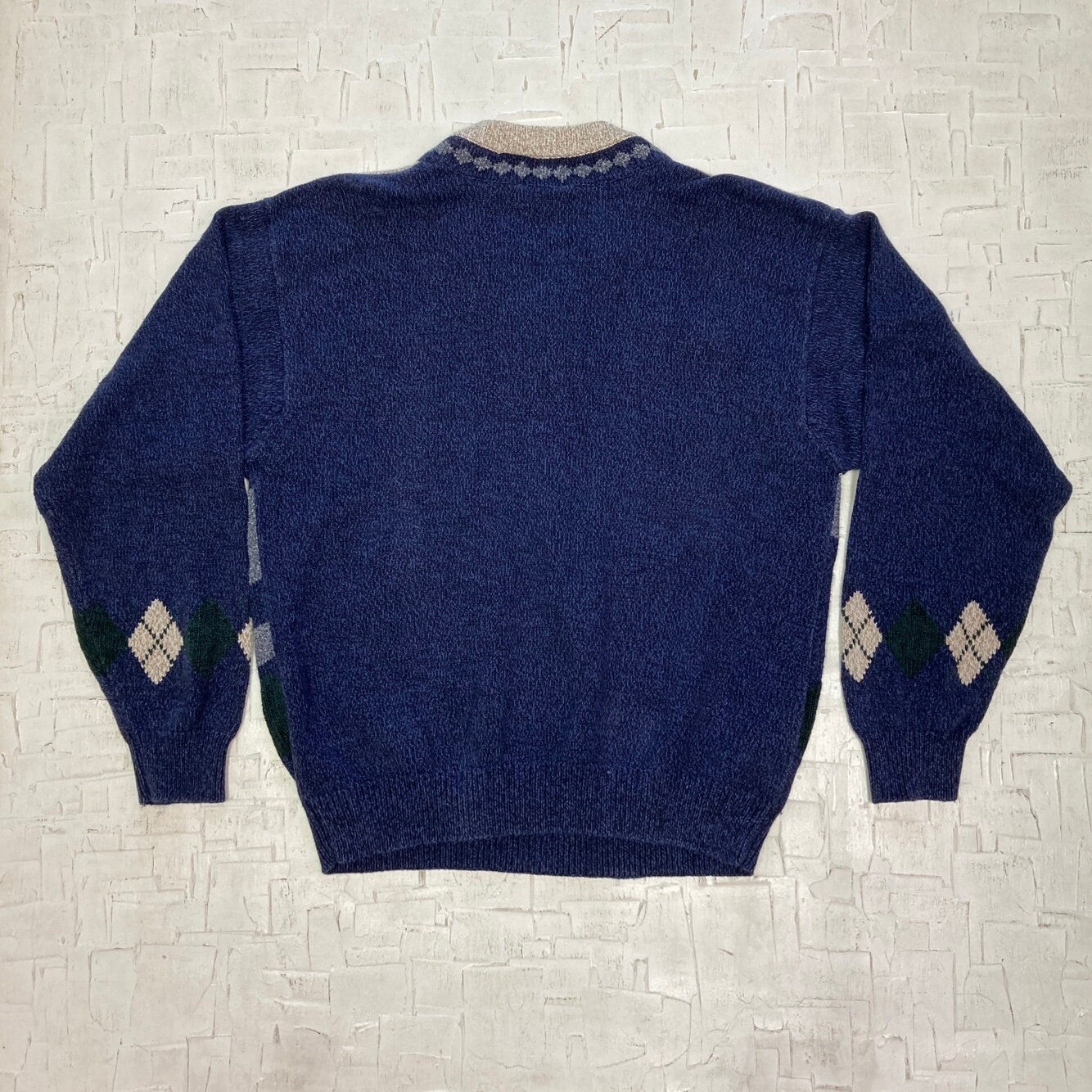 Vintage Knit Blue and Green Cotton Traders Golfer Sweater | Vintage V-Neck Sweater | Argyle Pattern | Men's Size XL | SKU: NPC-1235