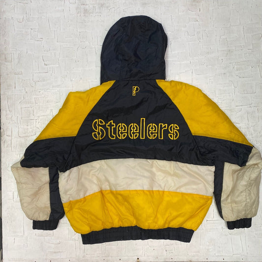 Vintage Pro Player Steelers Puffer Bomber Style Jacket with Hood | Vintage Jacket | Vintage Steelers Jacket | Size  XL | SKU: NPW-1056