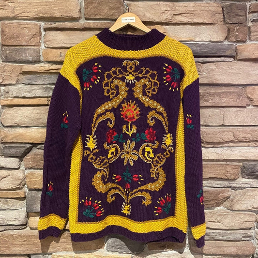 Vintage Knit Purple and Yellow Sweater with Ornate Flower Design | Vintage Sweater | XHK Brand | Handknitted | Size M | SKU:NPQ-2026