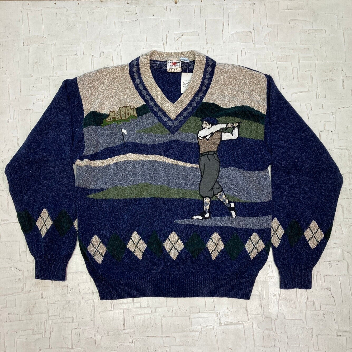 Vintage Knit Blue and Green Cotton Traders Golfer Sweater | Vintage V-Neck Sweater | Argyle Pattern | Men's Size XL | SKU: NPC-1235