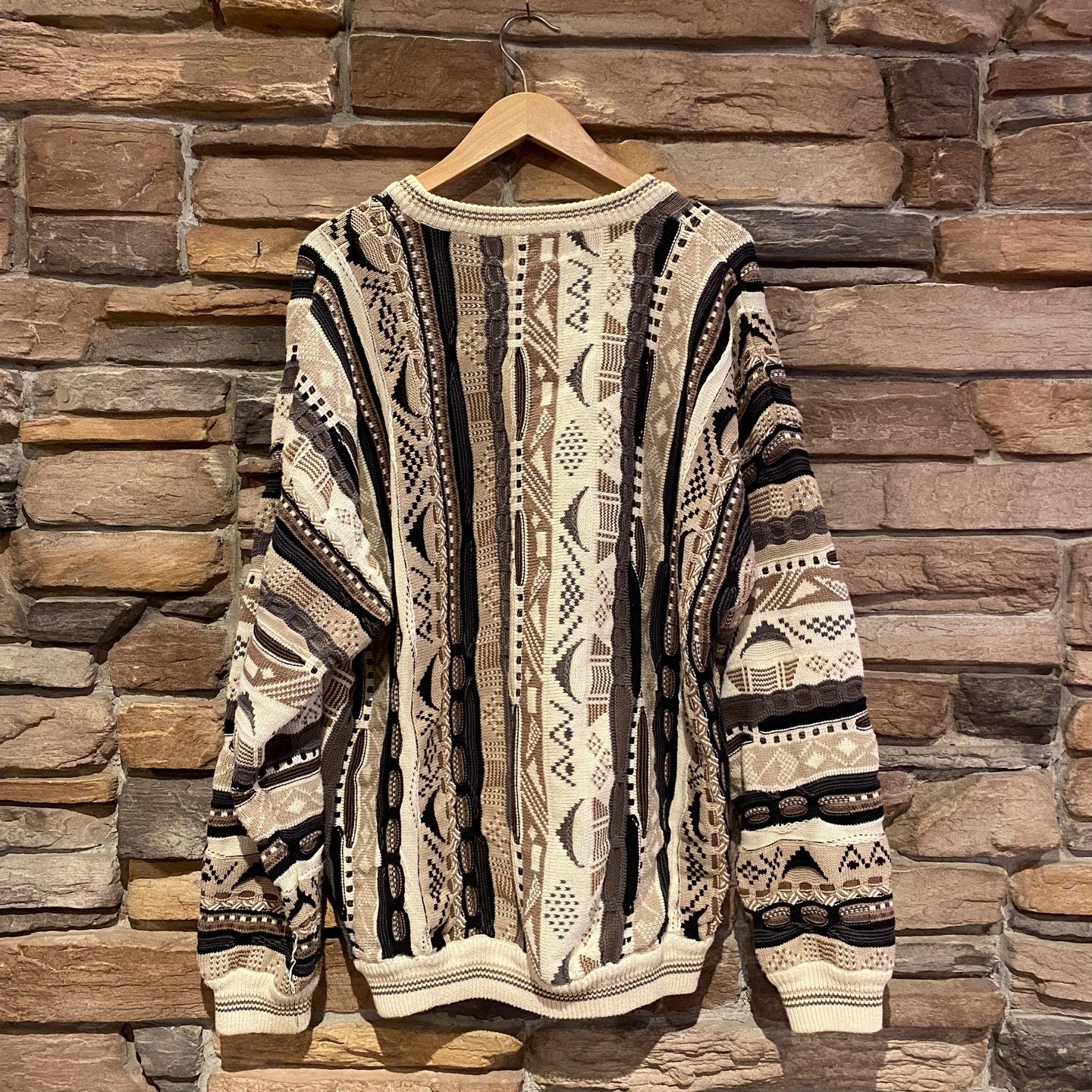 Vintage Cotton Traders Coogi Style Sweater | Vintage Sweater | Neutral Earthy Colours Coogi Style Knit Sweater | Mens Size XL | NPQ-2085