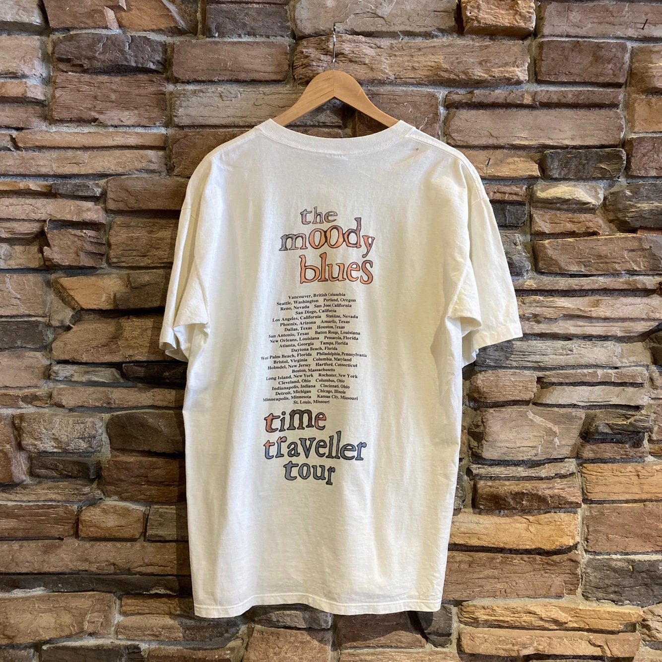 Vintage The Moody Blues "Time Traveller Tour" White Concert T-shirt | Vintage Graphic T-shirt | White | Blues Band | Size XL | SKU: NPQ-2091