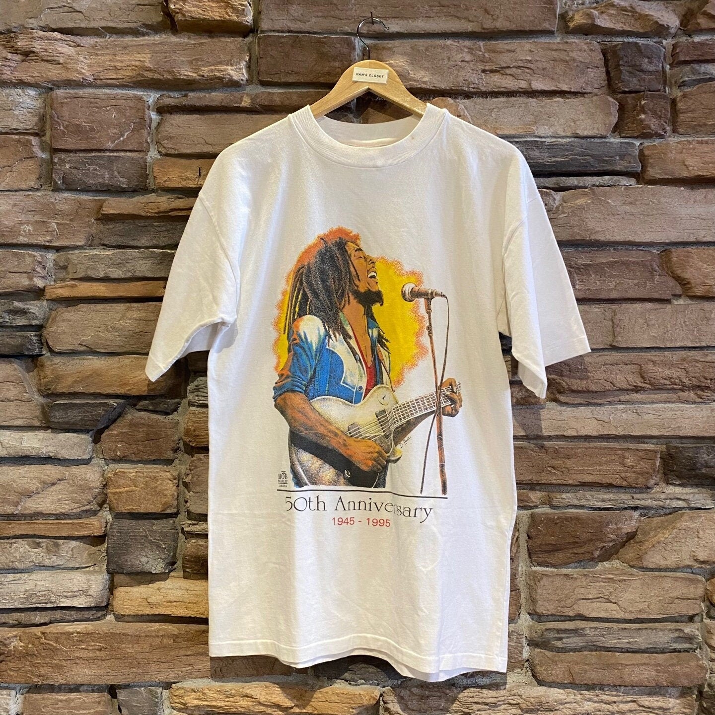 Vintage 50th Anniversary Bob Marley 1945-1995 T-shirt | Vintage T-shirt | Cotton T-shirt | Jamaica | White | Men's Size XL | SKU: STQ-2101