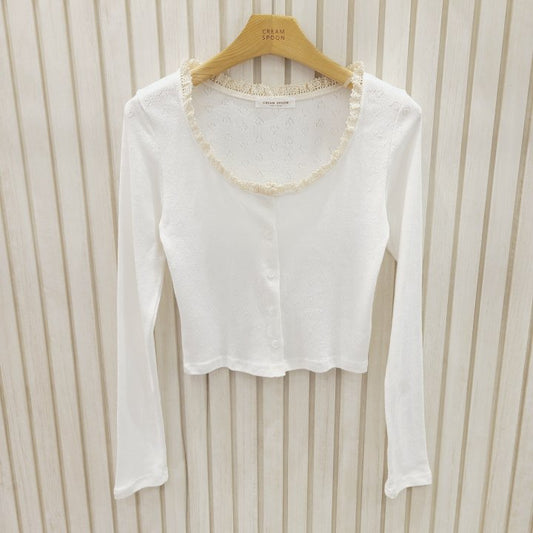 Pointelle Button Up Blouse with Lace Trim