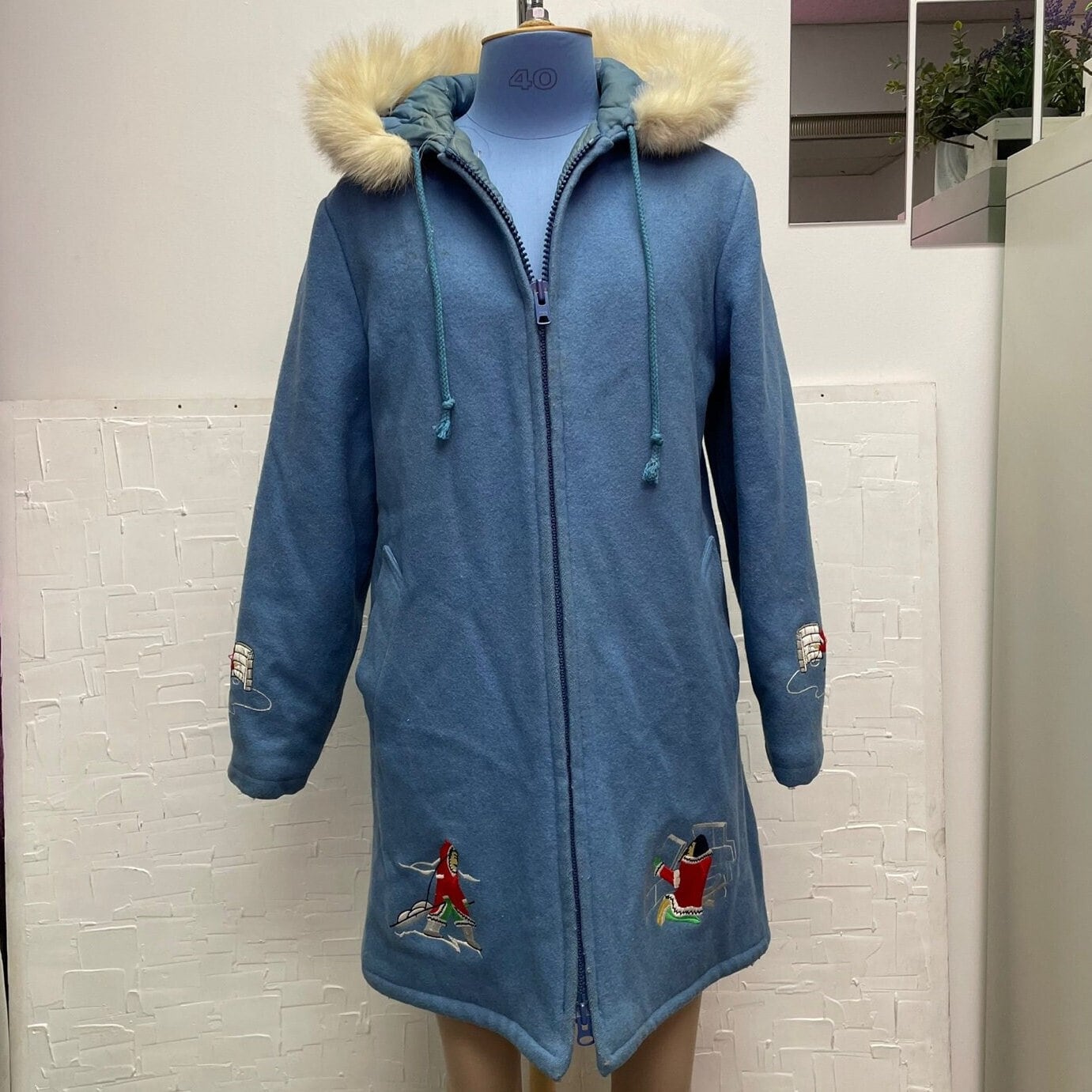 Vintage Fashion Gems Embroidered Pure Virgin Wool Parka with Fur Trim | Embroidered Parka | Fur Trim Parka | Made in Canada | SKU: M-1659
