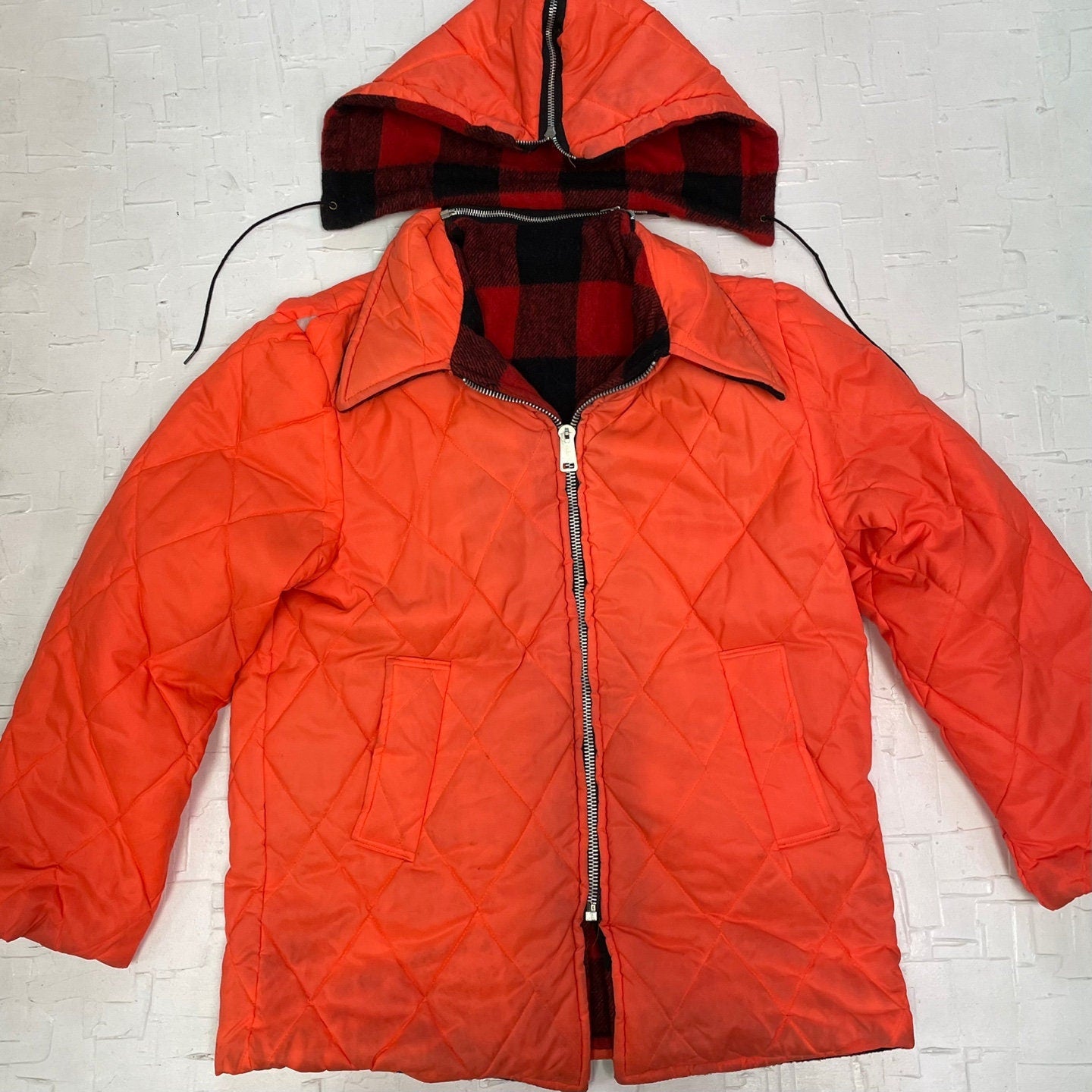Vintage Reversible Red Buffalo Plaid and Orange Hooded Coat | Vintage Coat | Sailor Collar | Hunting Jacket | Size L | SKU: M-1760