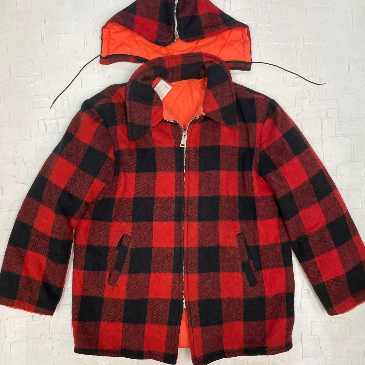 Vintage Reversible Red Buffalo Plaid and Orange Hooded Coat | Vintage Coat | Sailor Collar | Hunting Jacket | Size L | SKU: M-1760