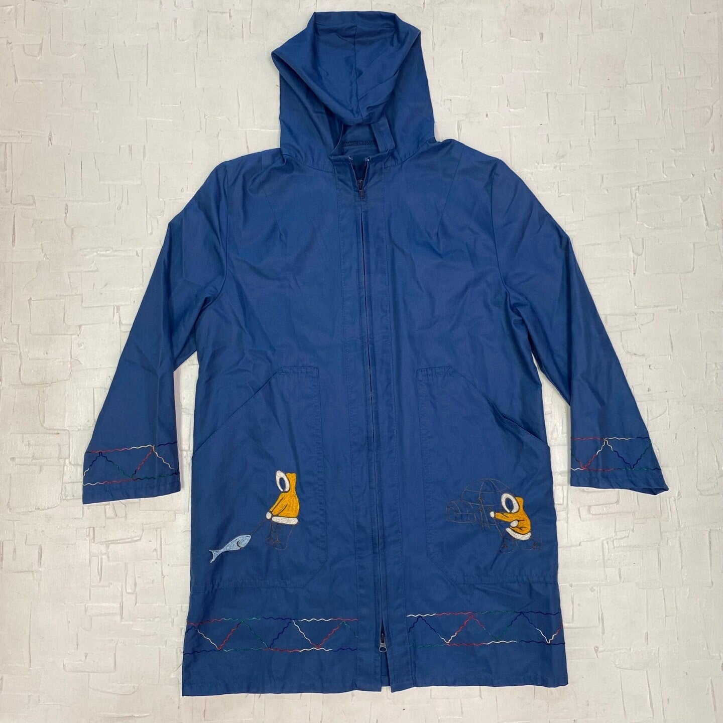 Vintage Handmade Long Jacket | Vintage Windbreaker | Navy Blue | Hooded Long Jacket | Colourful Embroidery | Size Women's L | M-1826