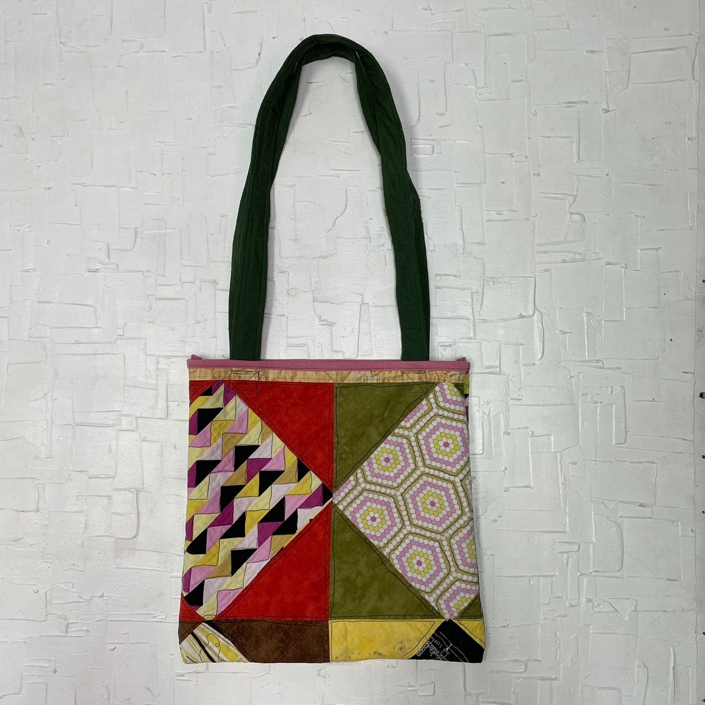 Upcycled Yellow, Red, Brown, and Green Quilted Patterned Fabric Reversible Rectangular Tote Bag | Handmade | Rans Closet Canada | SKU: RW-5