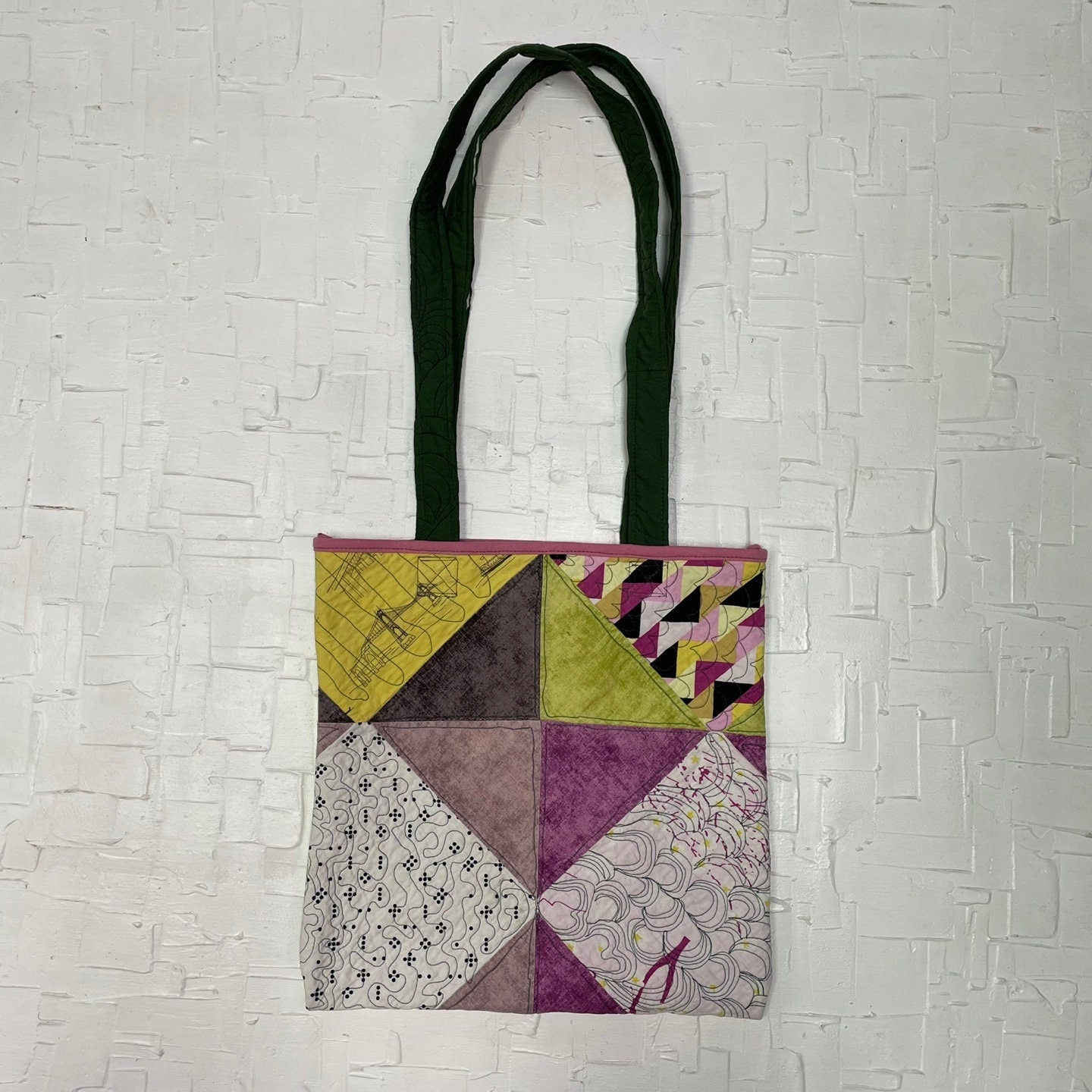 Upcycled Purple, Green, Yellow, and Brown Quilted Patterned Fabric Reversible Rectangular Tote Bag | Handmade | Rans Closet | SKU: RW-6
