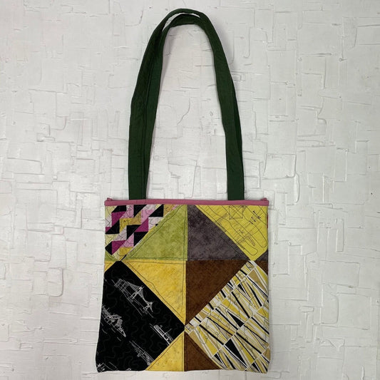 Upcycled Yellow, Red, Brown, and Green Quilted Patterned Fabric Reversible Rectangular Tote Bag | Handmade | Rans Closet Canada | SKU: RW-5