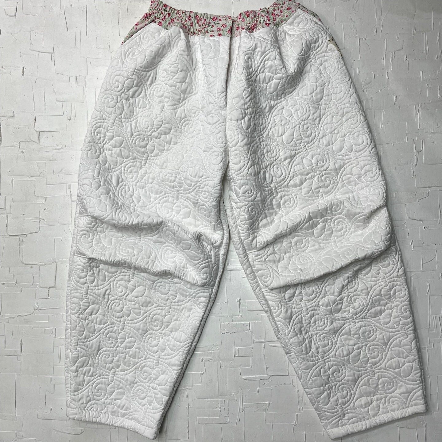 Upcycled  White Quilt Fabric with Pink Paisley Detailing Handmade Parachute Style Pants | Reworked Vintage | Rans Closet Canada | SKU: RW-1