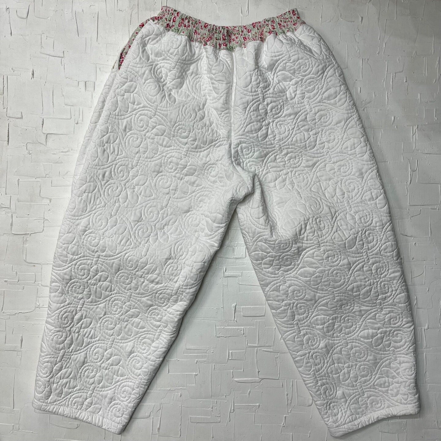 Upcycled  White Quilt Fabric with Pink Paisley Detailing Handmade Parachute Style Pants | Reworked Vintage | Rans Closet Canada | SKU: RW-1