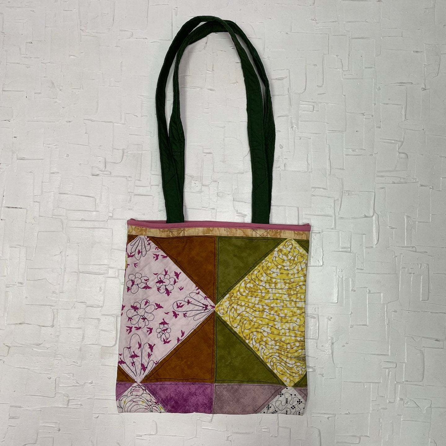 Upcycled Purple, Green, Yellow, and Brown Quilted Patterned Fabric Reversible Rectangular Tote Bag | Handmade | Rans Closet | SKU: RW-6