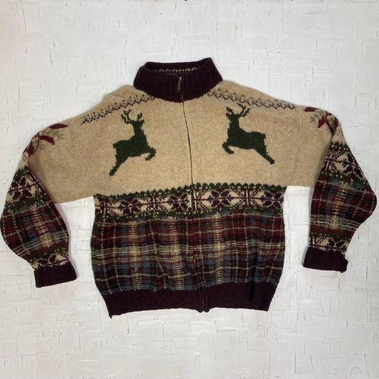 Vintage Chaps Ralph Lauren Hand Knit Zip Up Cardigan | Vintage Cardigan | Wool | Deer Pattern | Plaid Knit | Christmas | Size L | M-1938