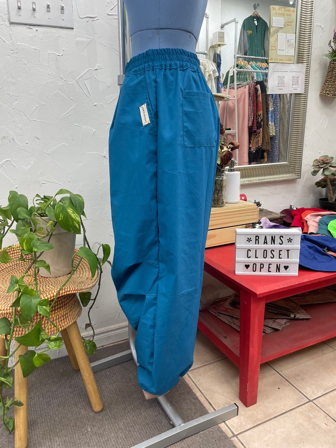 Upcycled Blue Fabric Handmade Parachute Pants with Pockets and Ankle Cinch | Streetwear | Reworked Vintage | Rans Closet Canada | SKU: RW-10