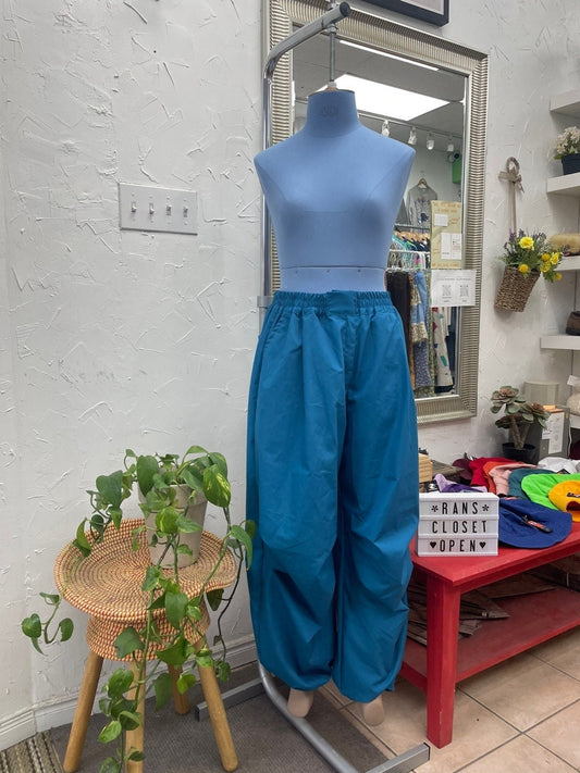 Upcycled Blue Fabric Handmade Parachute Pants with Pockets and Ankle Cinch | Streetwear | Reworked Vintage | Rans Closet Canada | SKU: RW-10
