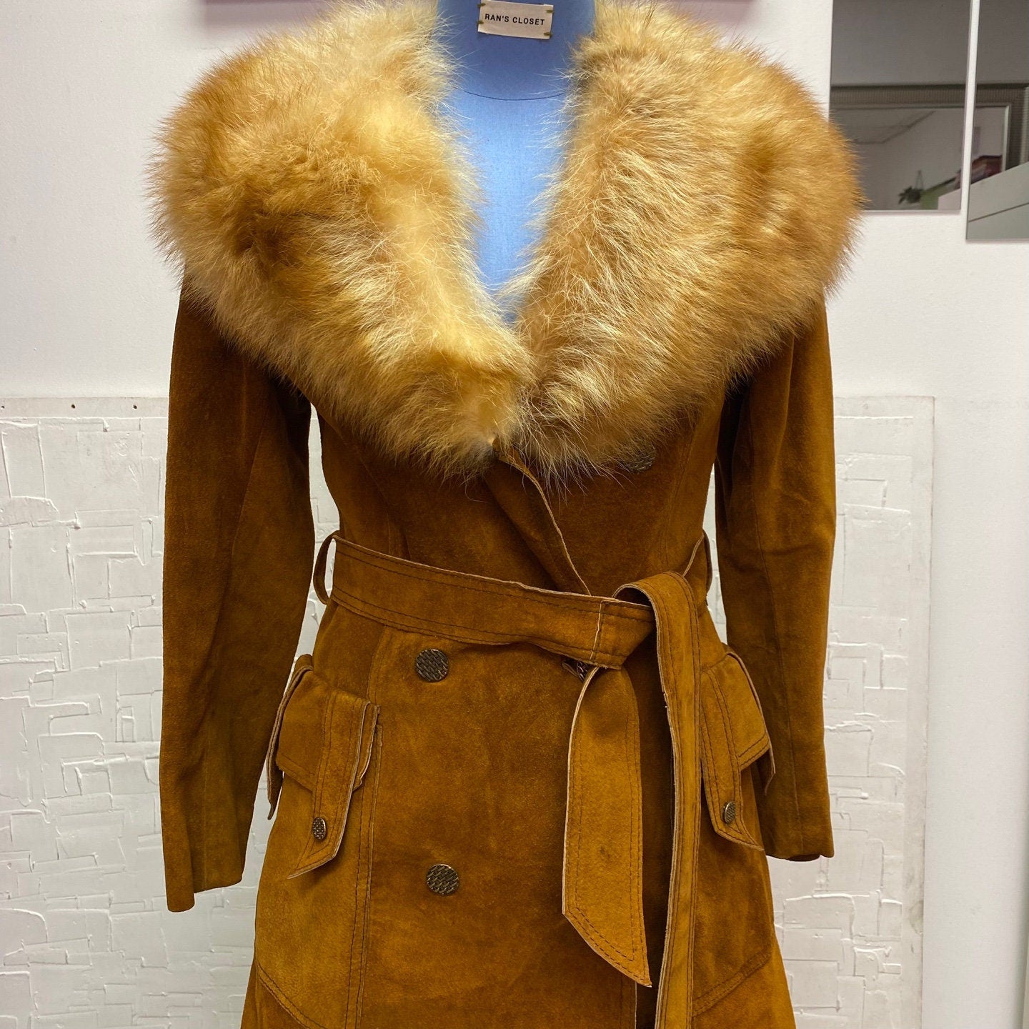 Vintage Leather Fur Lined Penny Lane Coat with Waist Belt | Portofino Fashions | Flap Pockets | Double Breasted | Brown | Size S | M-2002