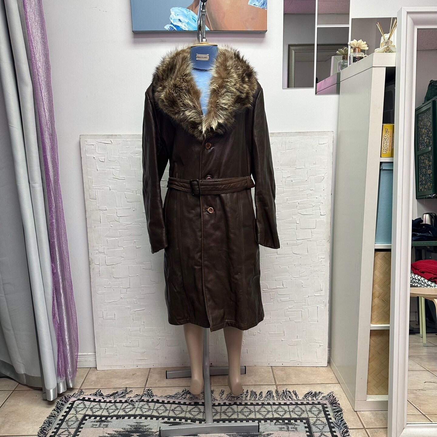Vintage Leather Penny Lane Style Coat with Fur Collar Button up Closure and Belt | Vintage Coat | Afghan Coat | Size 44 | SKU ST-2002 |