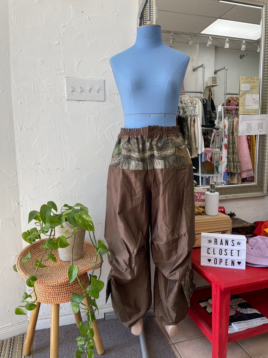 Upcycled Brown with Forest Camo and Pocket Detailing Parachute Pants | Reworked Vintage | Handmade Pants | Rans Closet Canada | SKU: RW-11