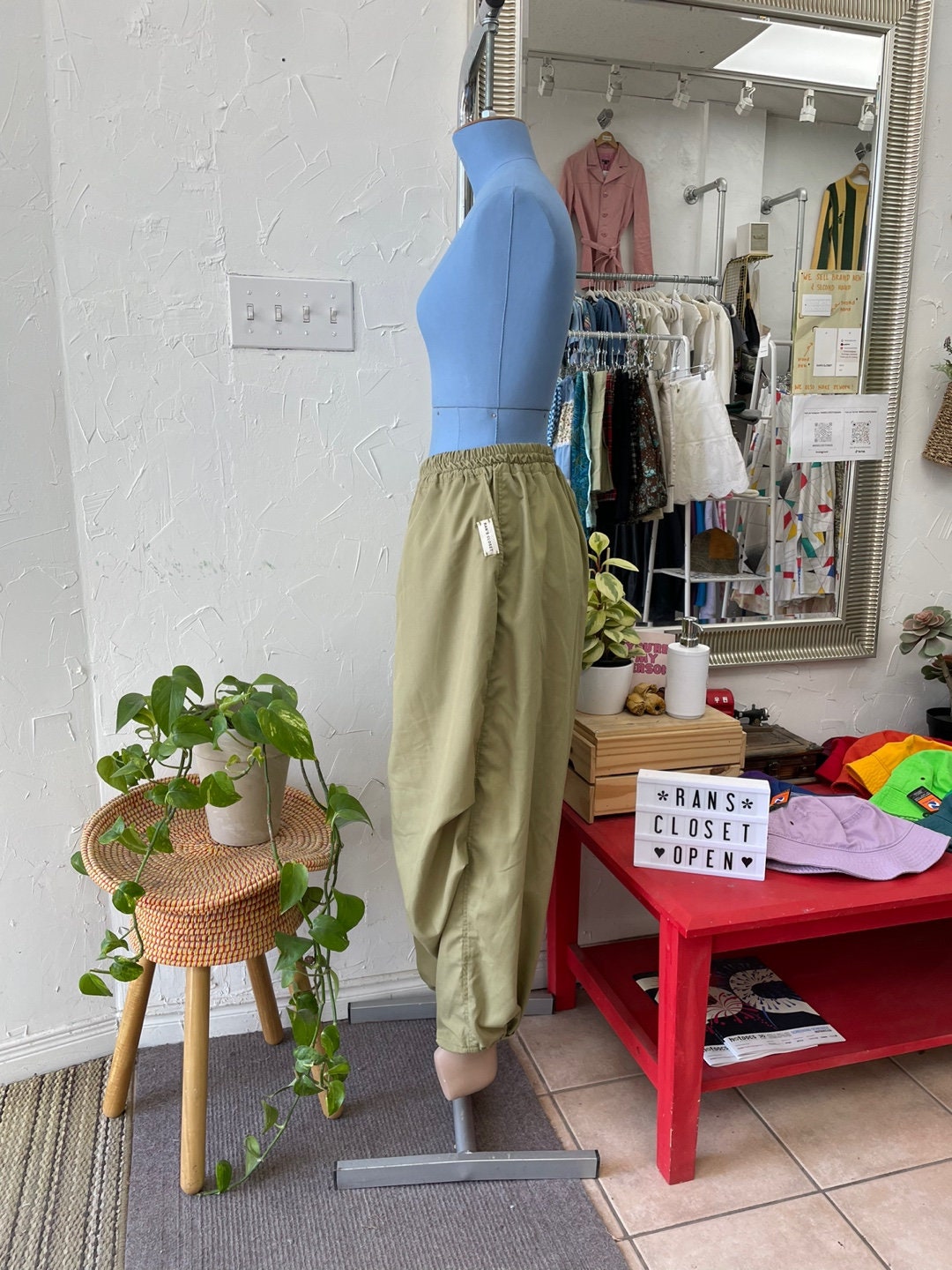 Upcycled Light Green Fabric Parachute Pants with Ankle Cinching | Reworked Vintage | Upcycled Fashion | Rans Closet Canada | SKU: RW-13