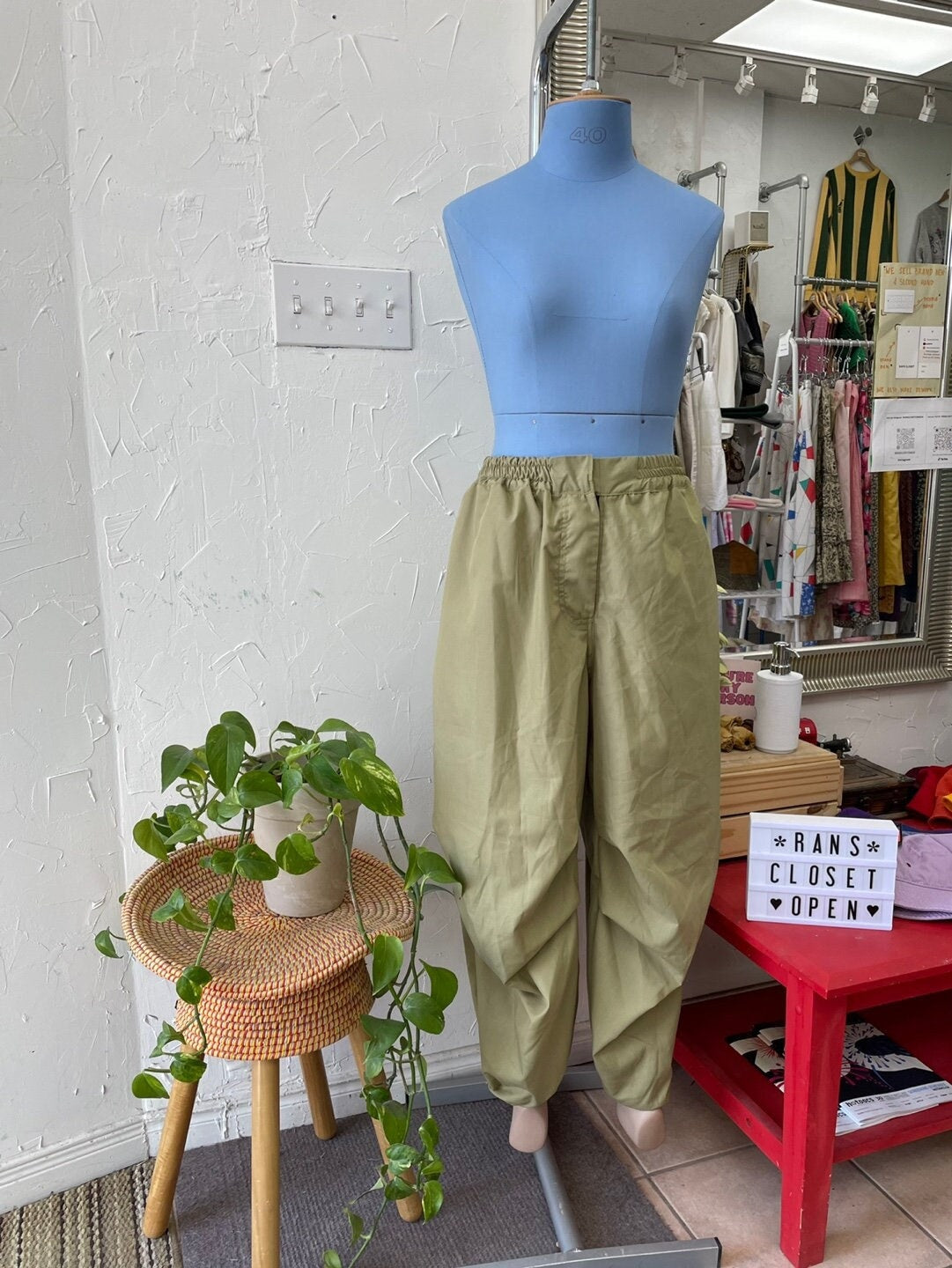 Upcycled Light Green Fabric Parachute Pants with Ankle Cinching | Reworked Vintage | Upcycled Fashion | Rans Closet Canada | SKU: RW-13