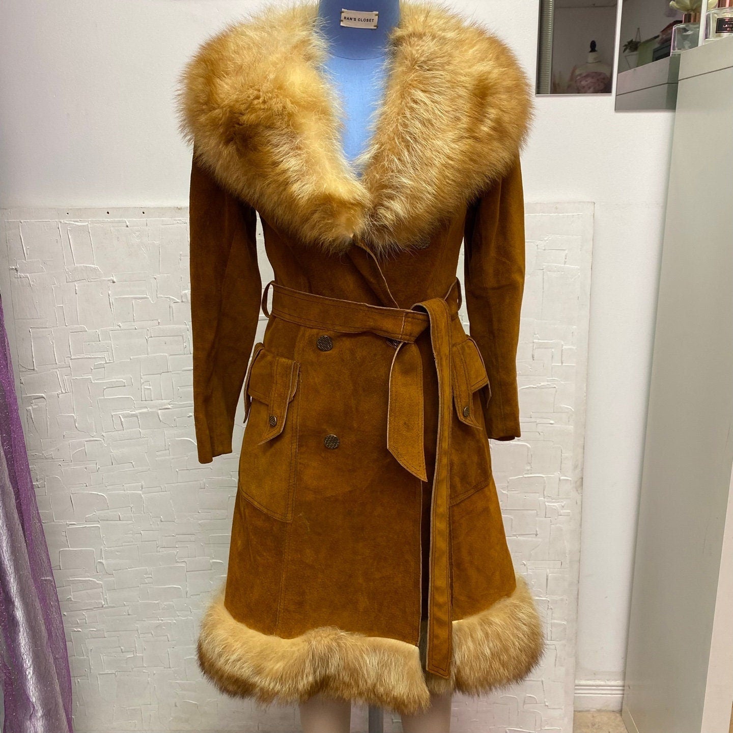 Vintage Leather Fur Lined Penny Lane Coat with Waist Belt | Portofino Fashions | Flap Pockets | Double Breasted | Brown | Size S | M-2002