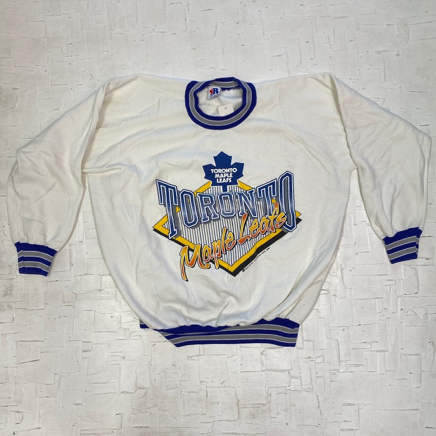 1991 Vintage Toronto Maple Leafs Oversized Graphic Sweatshirt with Striped Collar | Vintage Graphic Sweatshirt | Size XL | SKU M-2080 |