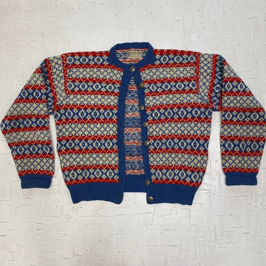 Vintage Husfliden Bergen Norwegian Red, Blue and White Wool Knit Cardigan |  Vintage Cardigan | Handmade | Wool | Women's Size M | M-2085