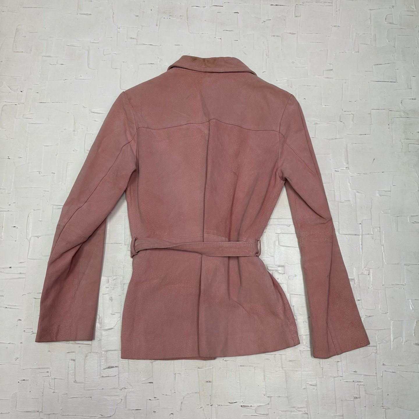 Vintage Pink Leather Suede Blazer with Belt Detail, Button Up Closure and Lapel Collar | Vintage Leather Blazer | Size M | SKU ST-2048 |