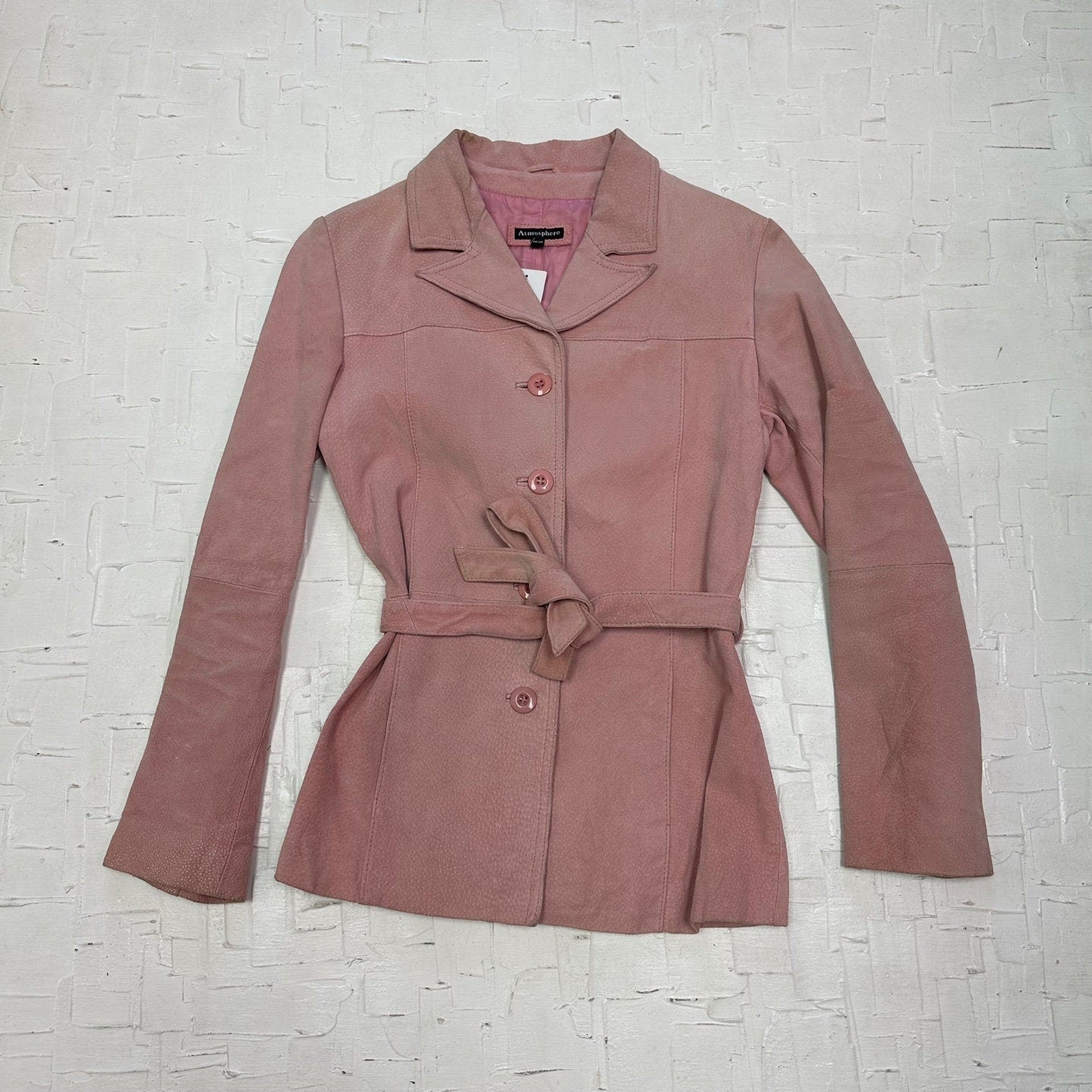 Vintage Pink Leather Suede Blazer with Belt Detail, Button Up Closure and Lapel Collar | Vintage Leather Blazer | Size M | SKU ST-2048 |