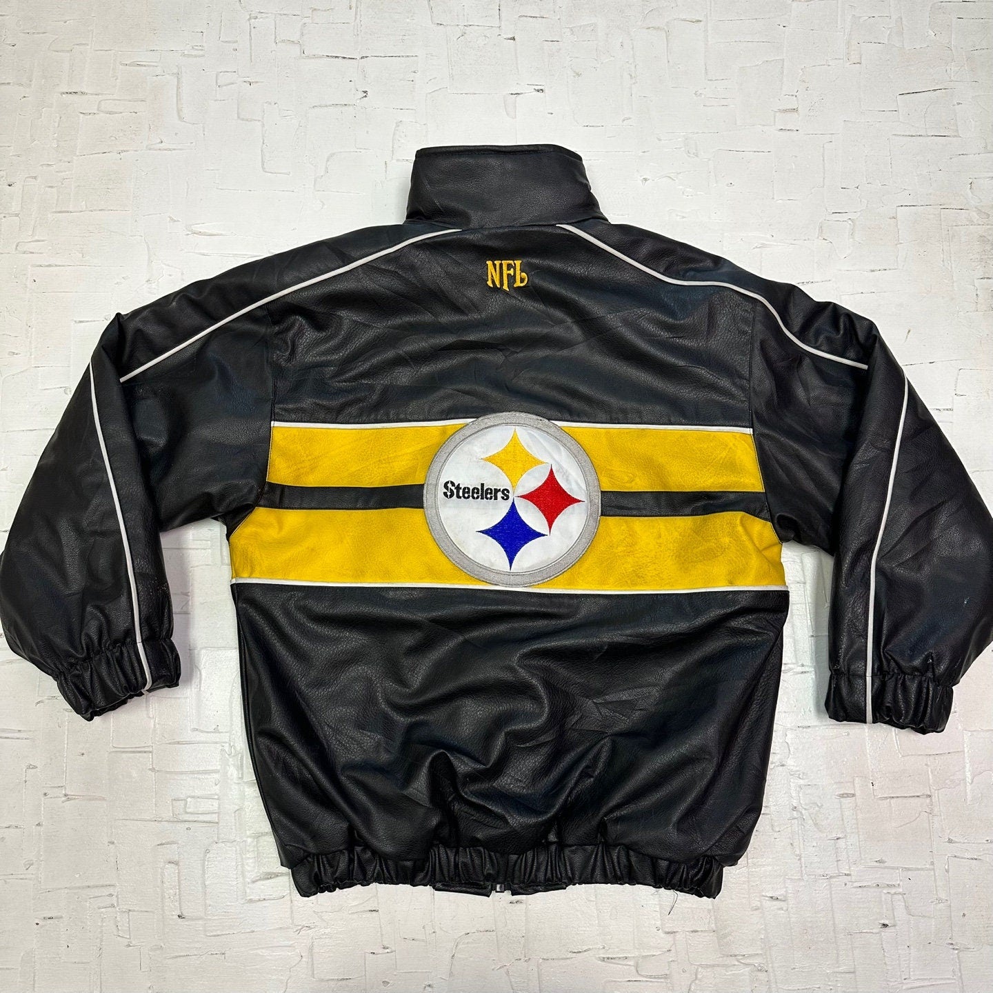 Vintage Pittsburgh Steelers Leather Bomber Jacket with Steelers Logo on Back | Vintage Leather Jacket | Pittsburgh Steelers | SKU ST-2076 |