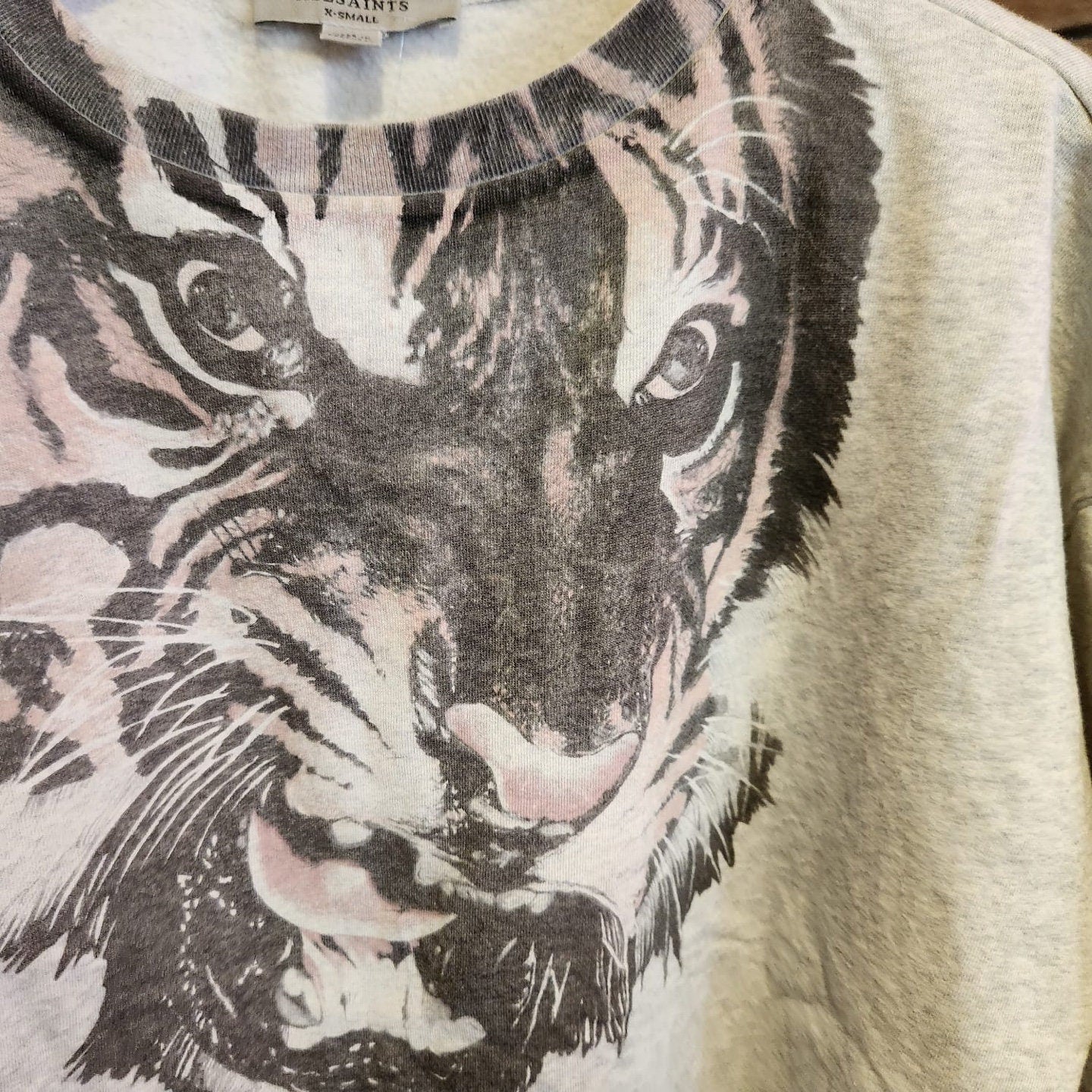 All Saints Tiger Graphic Grey Sweatshirt | All Saints | Crewneck | Tiger Graphic | Pullover | Designer Sweatshirt | Size XS | SKU: STQ-3212