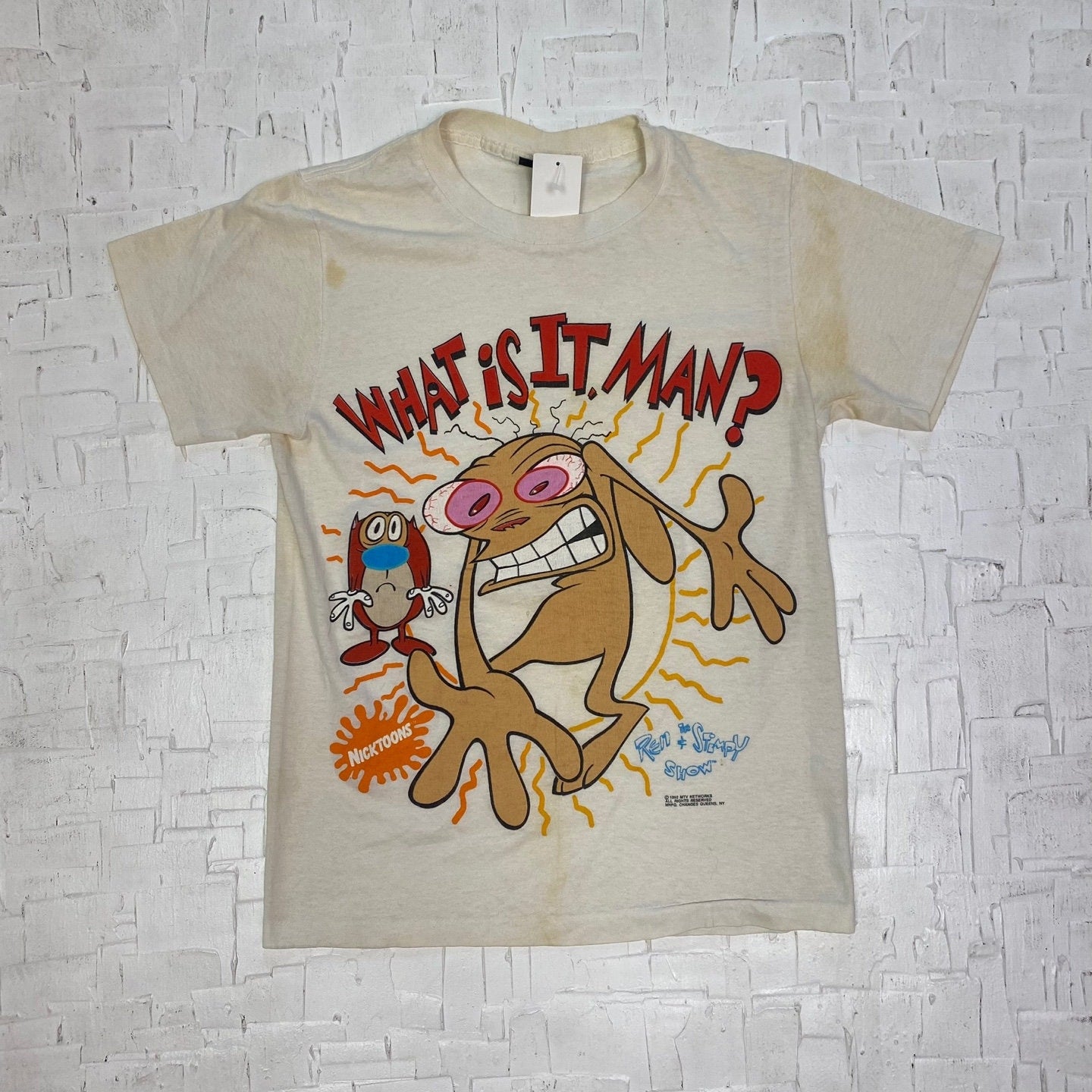 Vintage 1992 The Ren and Stimpy Show "What is it Man?" Graphic T-Shirt | Vintage Graphic T-Shirt | NickToon Tee | SKU M-3106 |