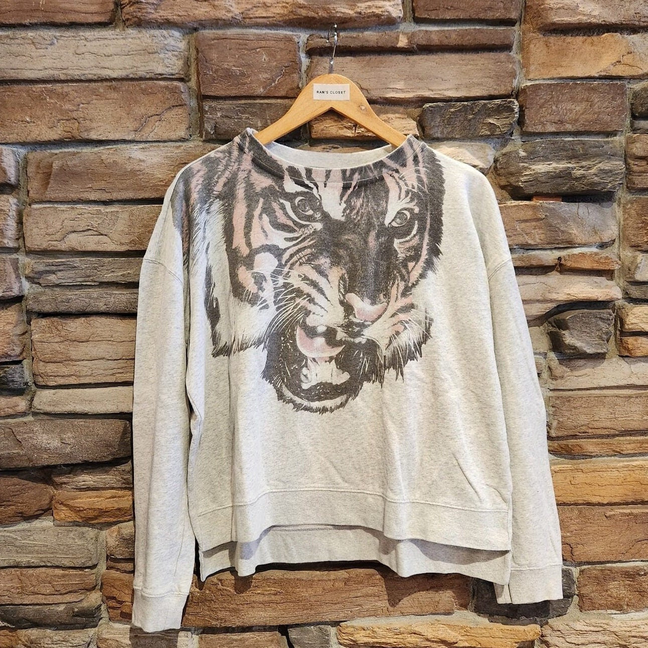 All Saints Tiger Graphic Grey Sweatshirt | All Saints | Crewneck | Tiger Graphic | Pullover | Designer Sweatshirt | Size XS | SKU: STQ-3212