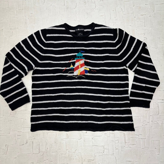 Sag Harbor Black and White Thick Striped Sweater with Lighthouse Embroidery | Knit Sweater | Lighthouse Sweater | Size XL | SKU M-3127 |