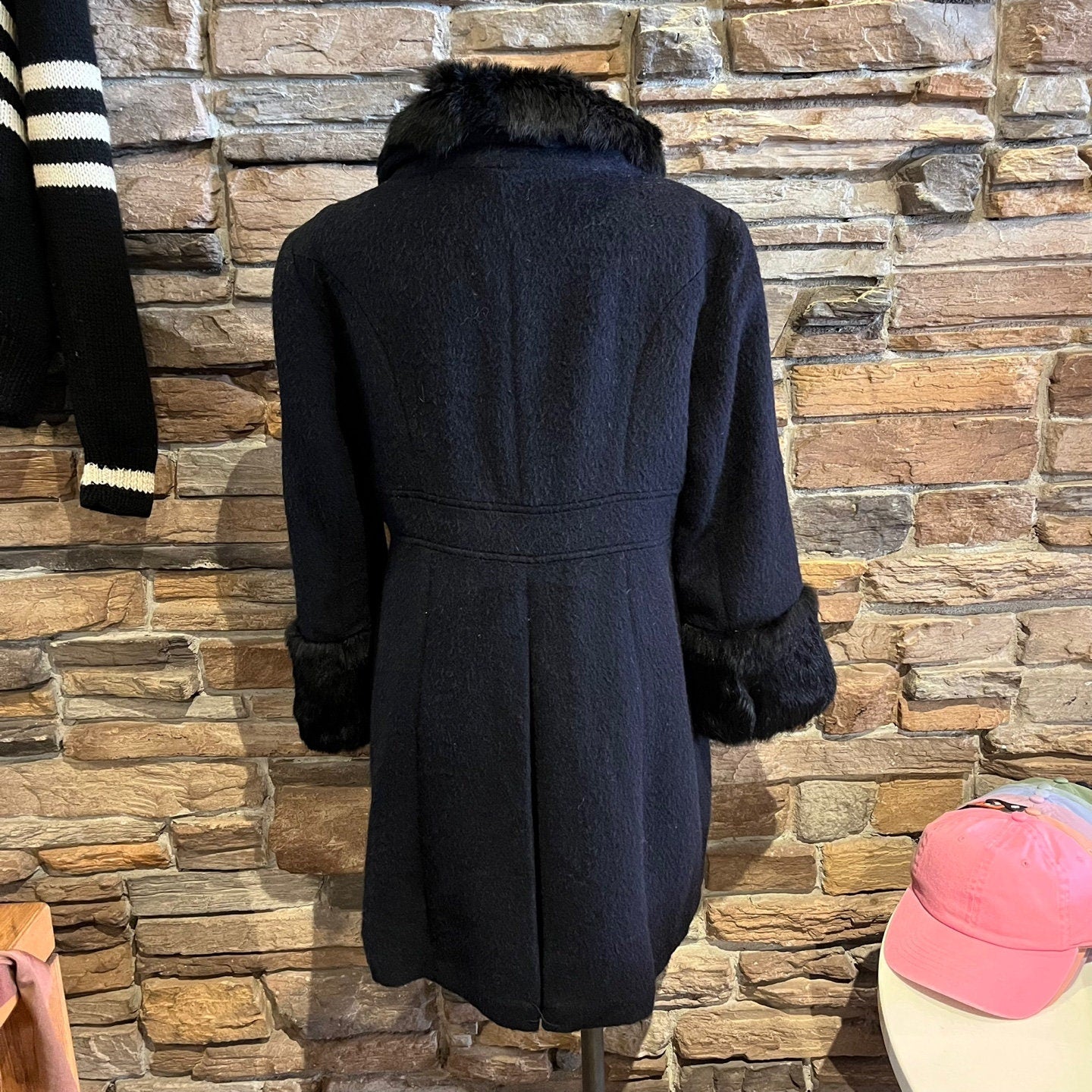 Vintage Bebe Navy Blue Long Coat with Rabbit Fur Trim | Vintage Long Coat | Vintage Genuine Rabbit Fur | Women's Size M | SKU: STQ-3278